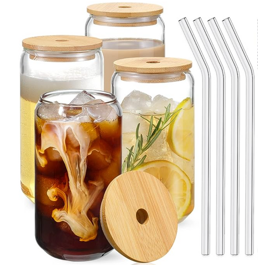 4 pack 16oz Glass Cup with Bamboo Lid and Straw - no decoration